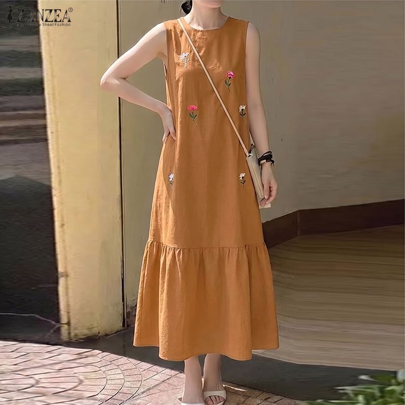 Sundress Midi Floral - Women Casual O Neck Sleeveless Dress